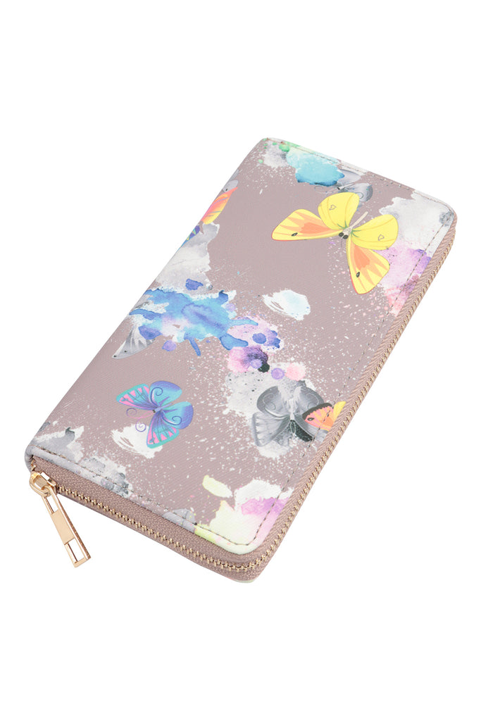 BUTTERFLY PASTEL PRINT LEATHER ZIPPER WALLET