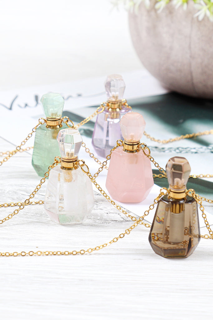 HDN2930 - NATURAL STONE ROUNDED CRYSTAL PERFUME BOTTLE NECKLACE WITH BOX