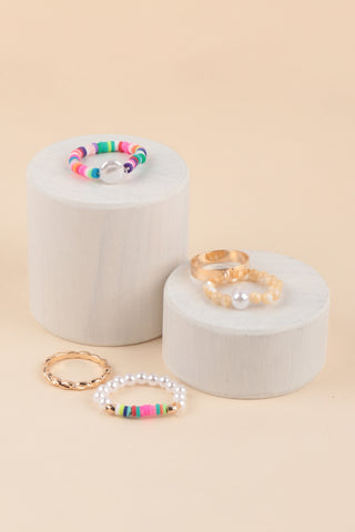 WAVY RESIN BEADED ELASTIC ASSORTED 5PCS RING SET