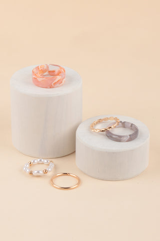 MARBLE RESIN PEARL ASSORTED 5PCS RING SET