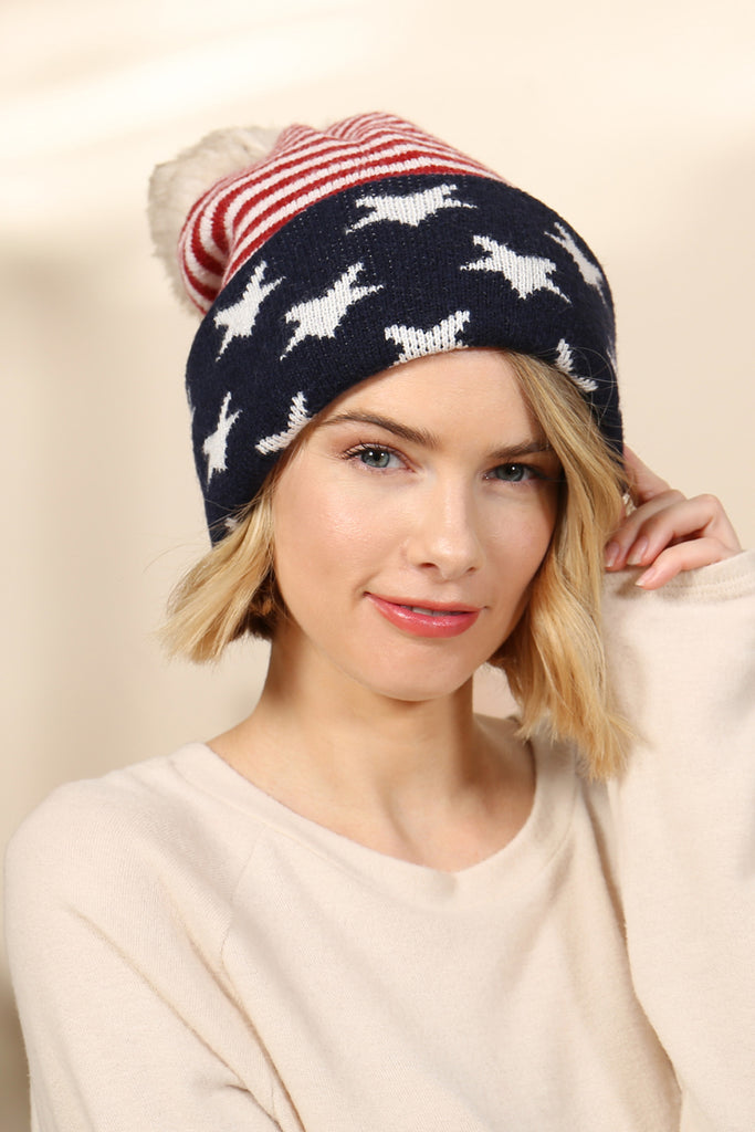 USA ACCENT LIGHT PRINT POM DUAL PURPOSE BEANIE SCARF