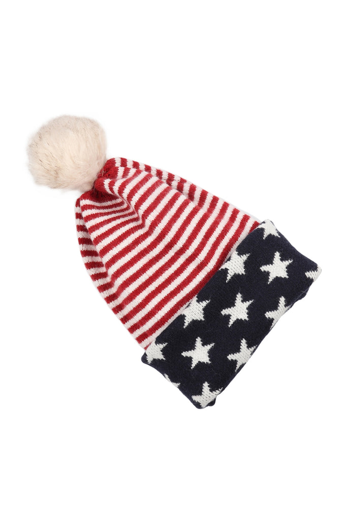 USA ACCENT LIGHT PRINT POM DUAL PURPOSE BEANIE SCARF