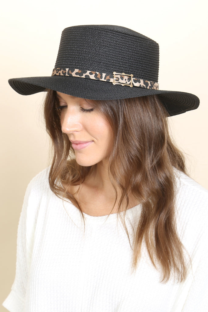 PANAMA BRIM HAT WITH LEOPARD BUCKLE ACCENT