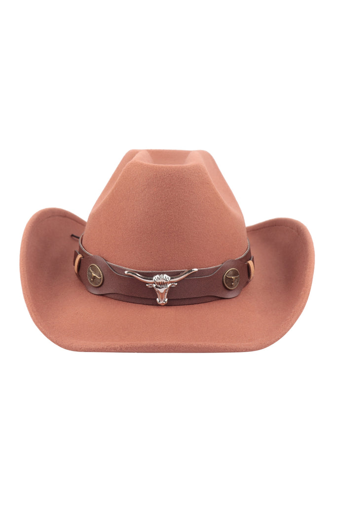 FELT FASHION BRIM HAT W/ LEATHER STRAP & BULL ACCENT