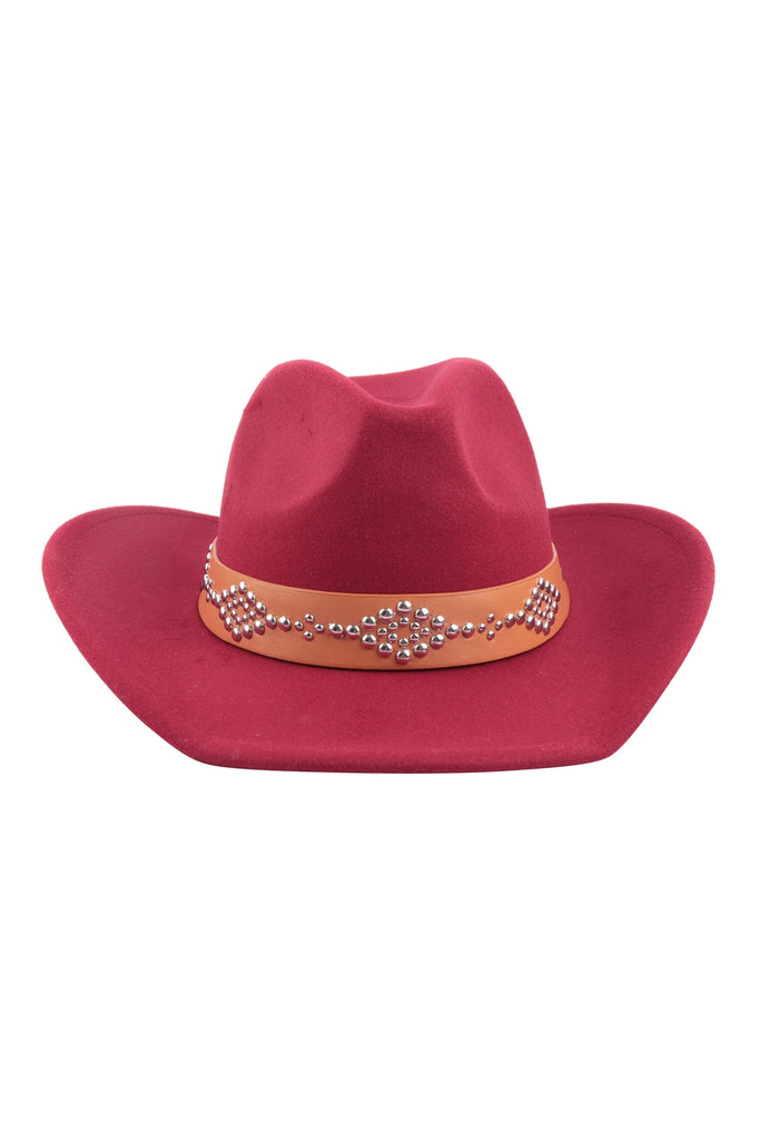 FELT FASHION BRIM HAT W/ LEATHER STRAP & DIAMOND SHAPE STUDS