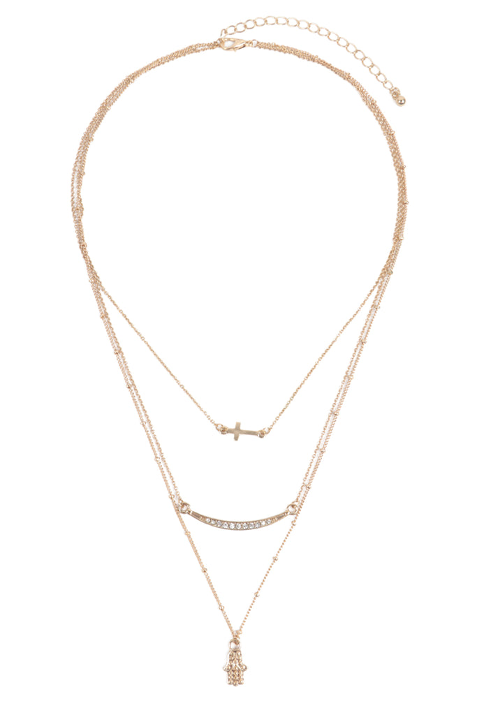 HAMSA HAND EVIL EYE WITH CROSS PENDANT LAYERED NECKLACE