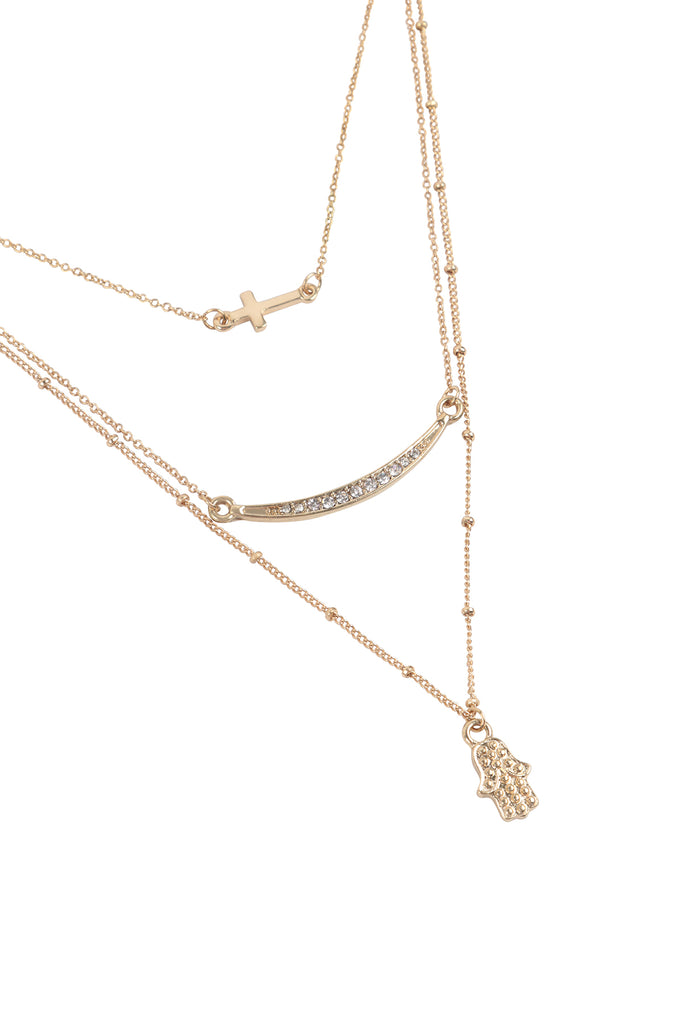 HAMSA HAND EVIL EYE WITH CROSS PENDANT LAYERED NECKLACE