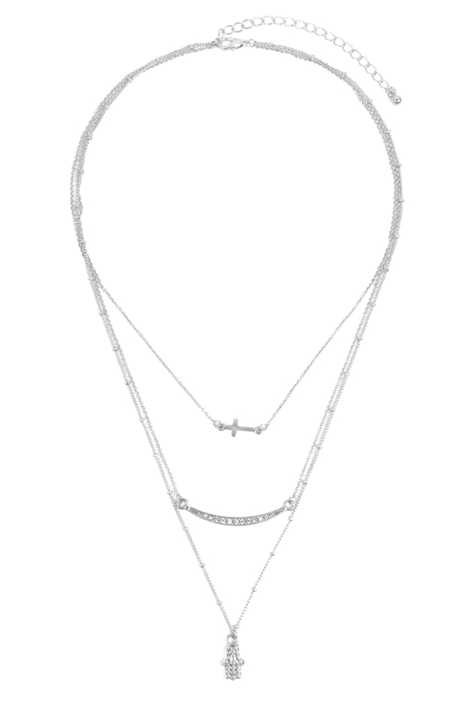 HAMSA HAND EVIL EYE WITH CROSS PENDANT LAYERED NECKLACE