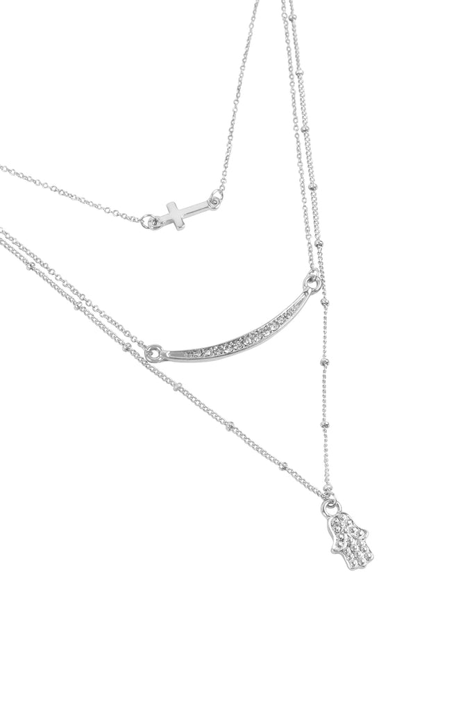 HAMSA HAND EVIL EYE WITH CROSS PENDANT LAYERED NECKLACE