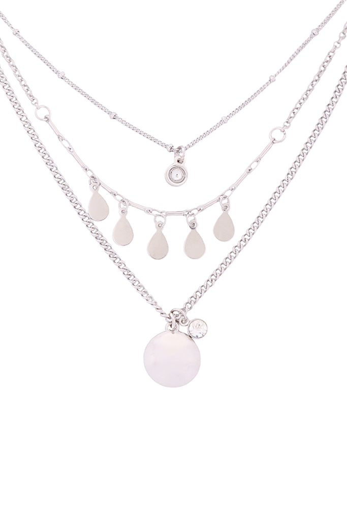 LAYERED CHAIN DISK TEARDROP RHIMESTONE PENDANT NECKLACE