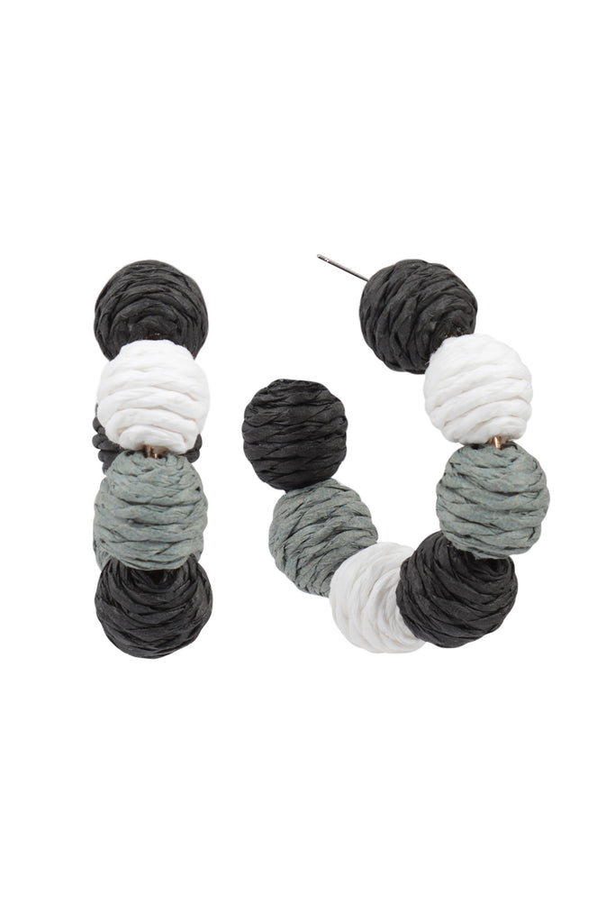 COLOR BLOCKED RAFFIA BALL HOOP EARRINGS
