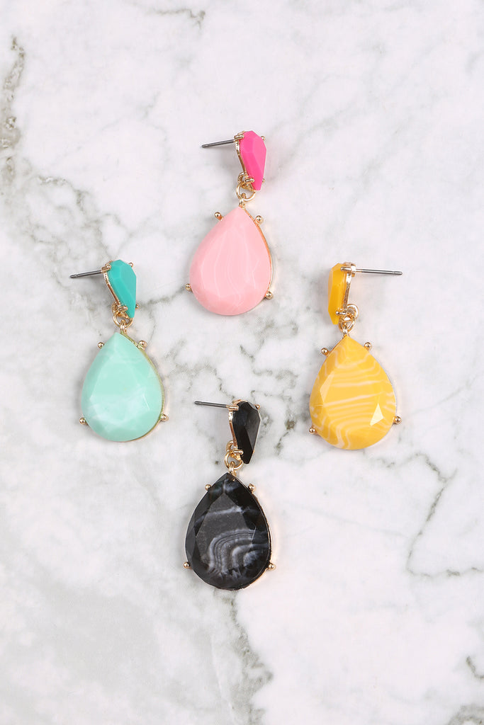 DOUBLE TEARDROP RESIN STONE DROP EARRINGS