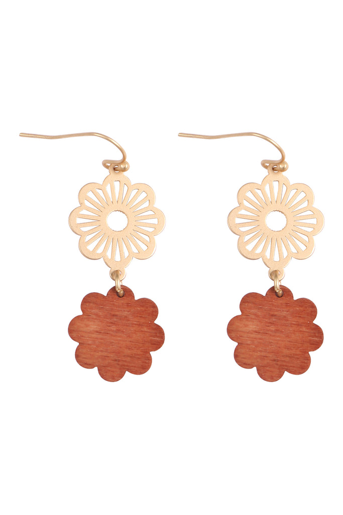 FLOWER METAL WOOD DROP FISH HOOK EARRINGS