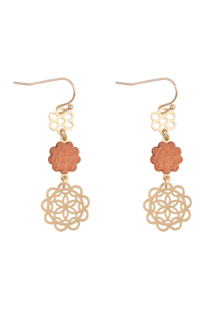 MORROCAN FLOWER WOOD METAL DROP LINK EARRINGS