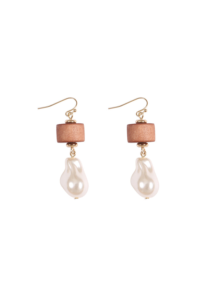 WOOD, FRESH WATER PEARL DROP FISH HOOK EARRINGS