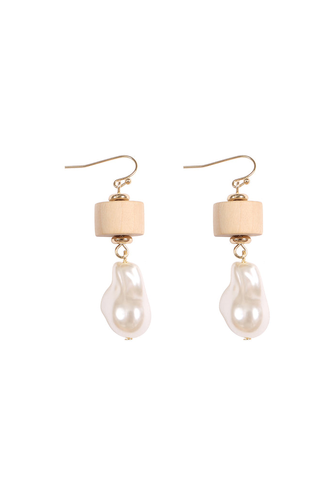 WOOD, FRESH WATER PEARL DROP FISH HOOK EARRINGS