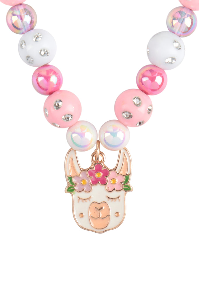 CUTE ALPACA GLASS BEADS RHINESTONE W/ MATCHING 14" NECKLACE AND 6.25" BRACELET SET - Riah Fashion