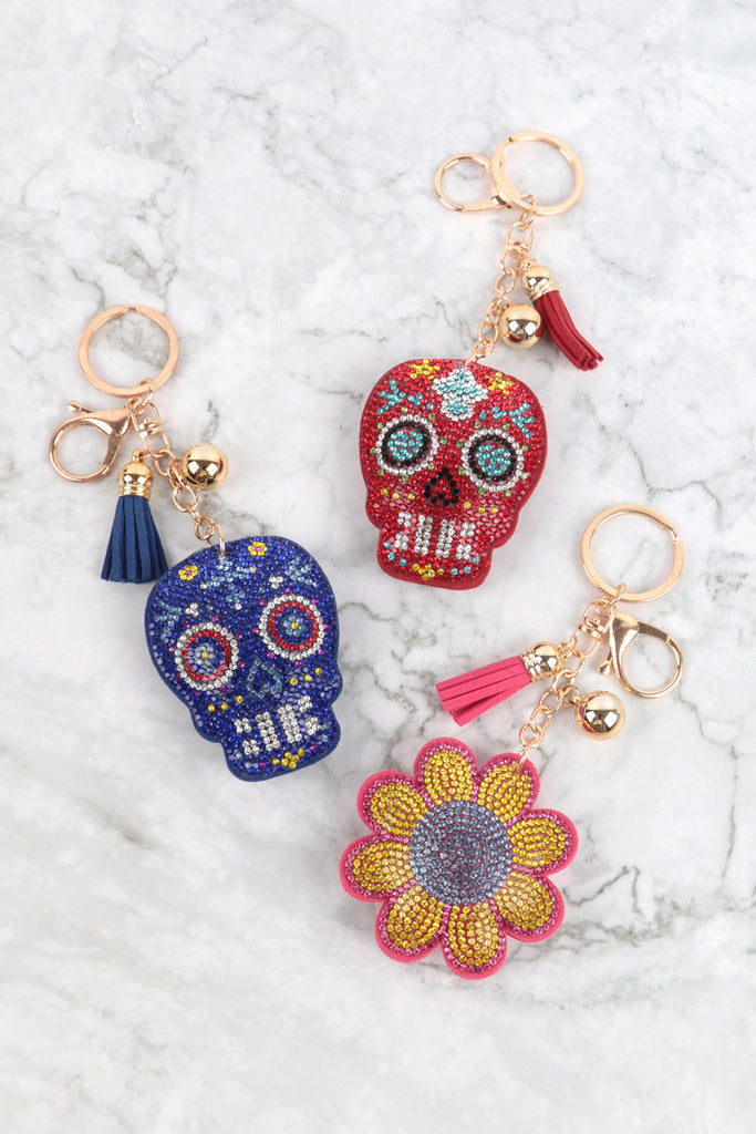 SKULL PATTERN RHINESTONE TASSEL KEYCHAIN