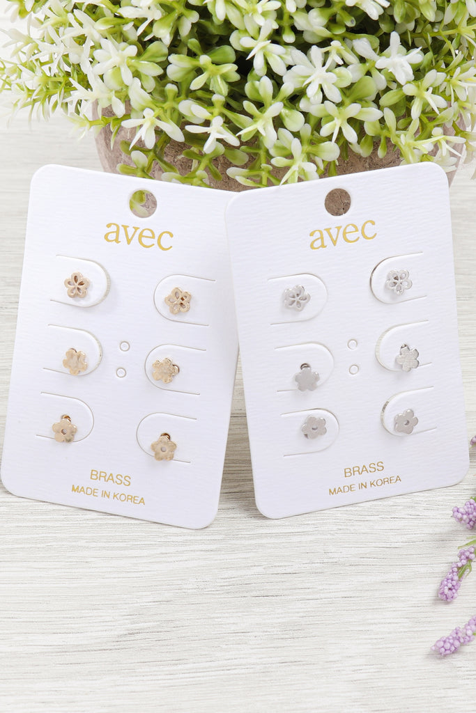 LEA453 - 3 PAIR SET FLOWER STUD EARRINGS