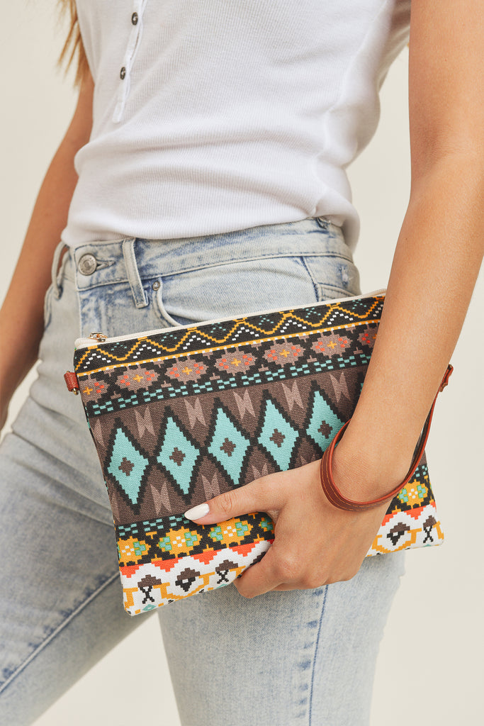 AZTEC PRINT CROSSBODY & WRISTLET BAG