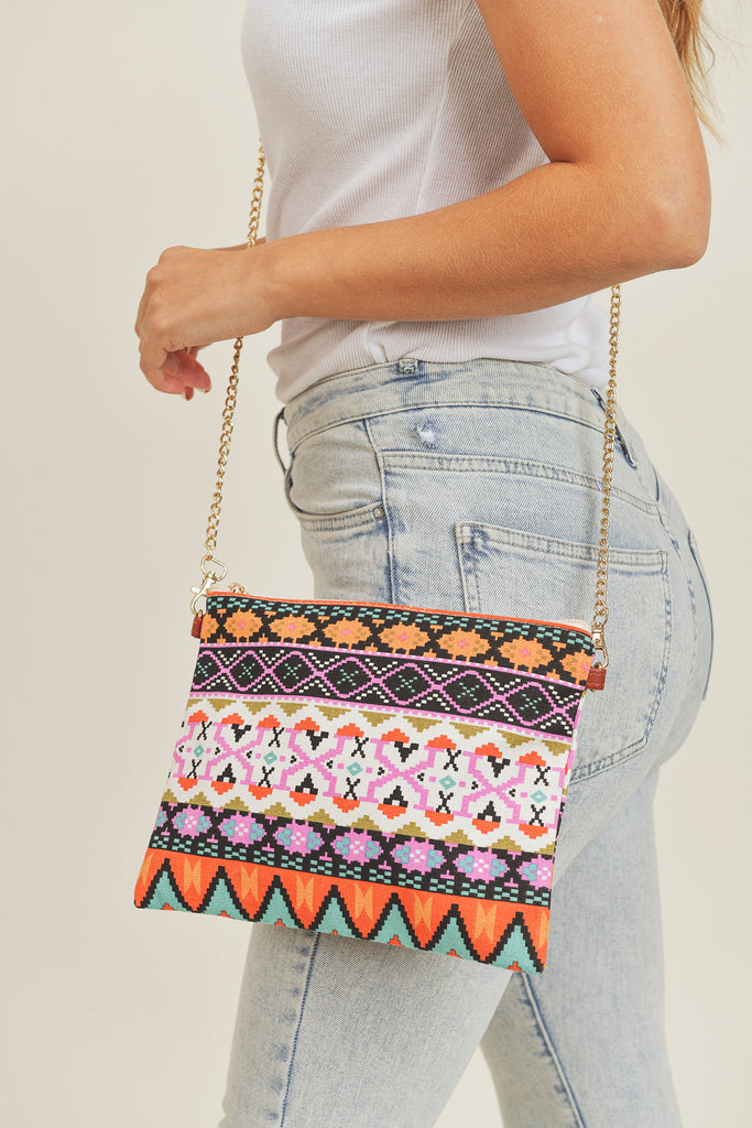 AZTEC PRINT CROSSBODY & WRISTLET BAG