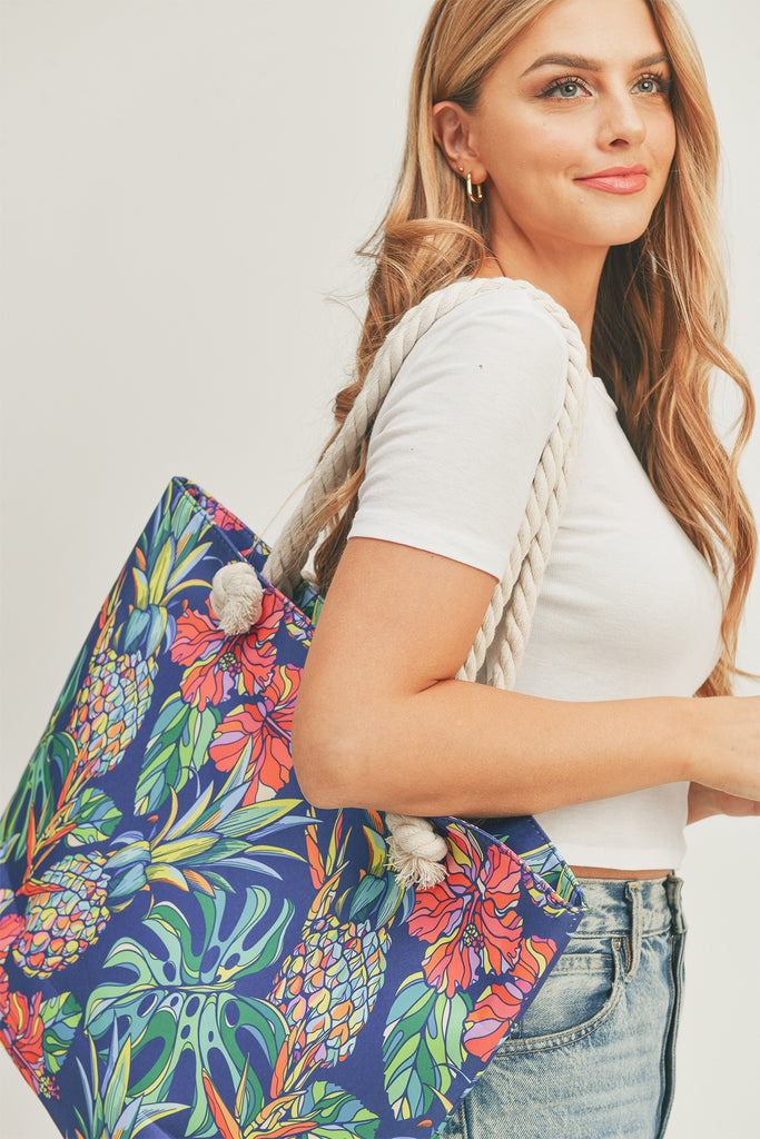 TROPICAL PINEAPPLE TOTE BAG WITH ROPE HANDLES
