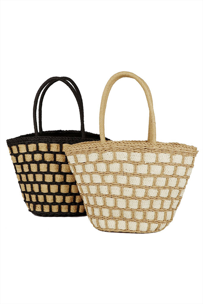 TWO TONE COLOR BLOCK STRAW BAG