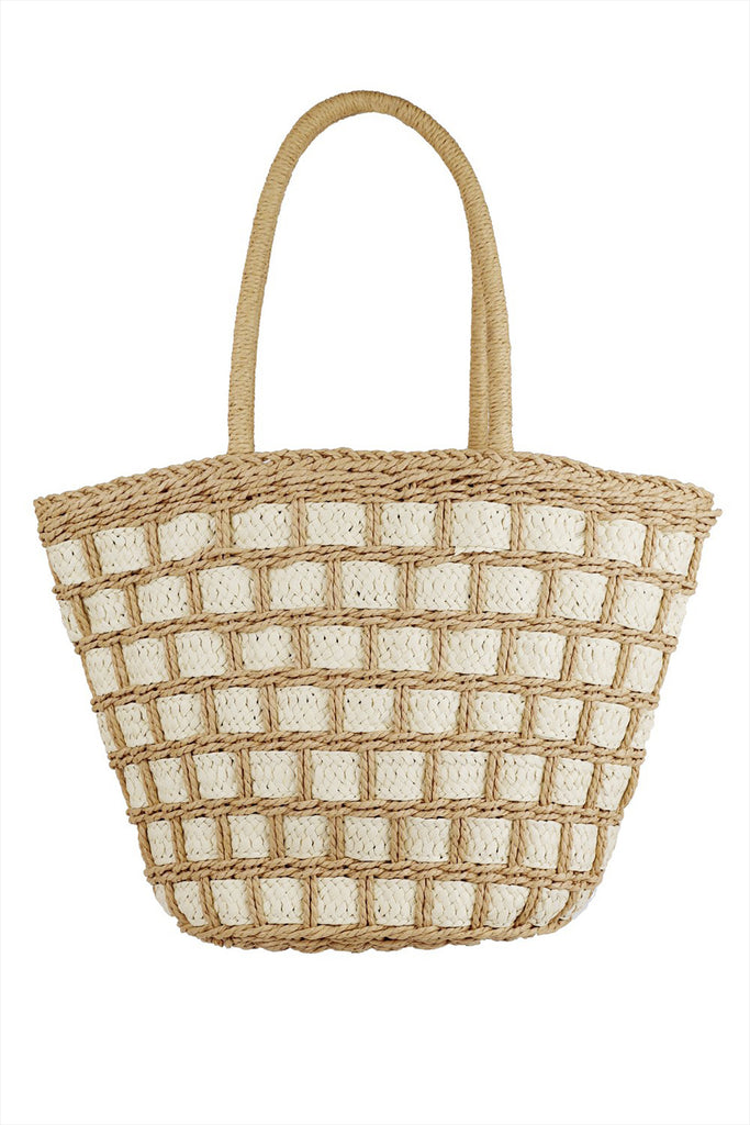 TWO TONE COLOR BLOCK STRAW BAG