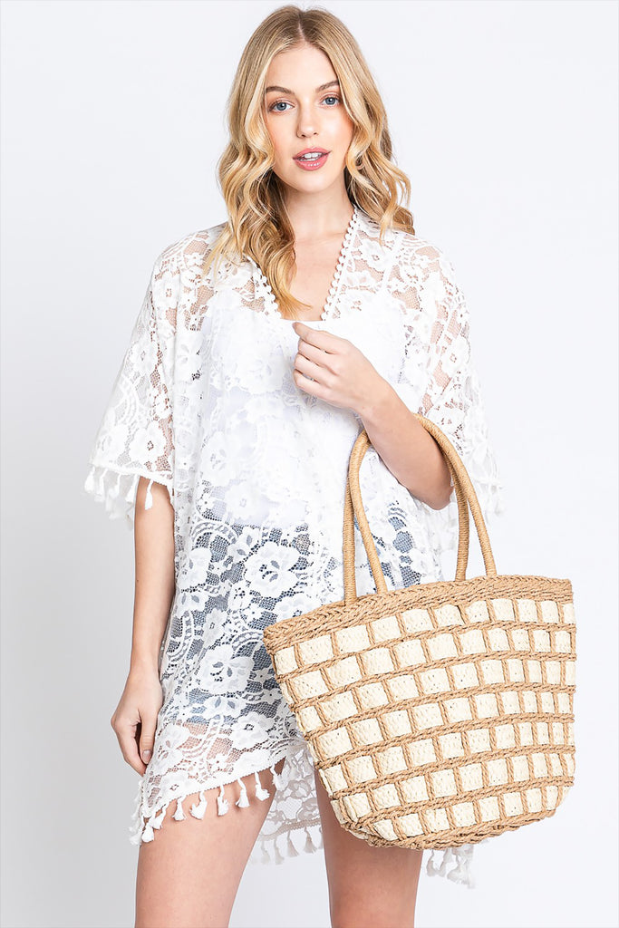 TWO TONE COLOR BLOCK STRAW BAG