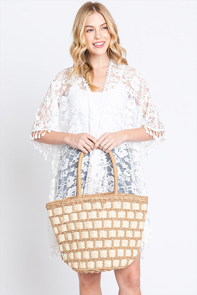 TWO TONE COLOR BLOCK STRAW BAG