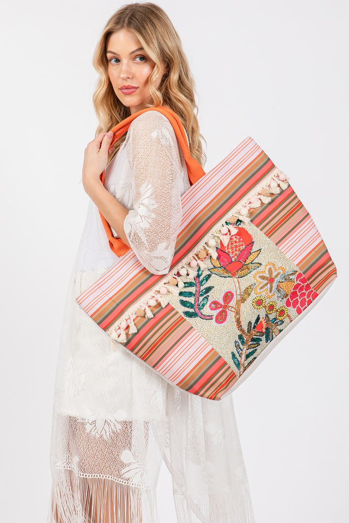 BOHO PRINT FRINGE TOTE BAG