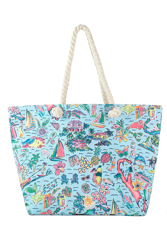 HAND DRAWN PRINT TOTE BEACH BAG
