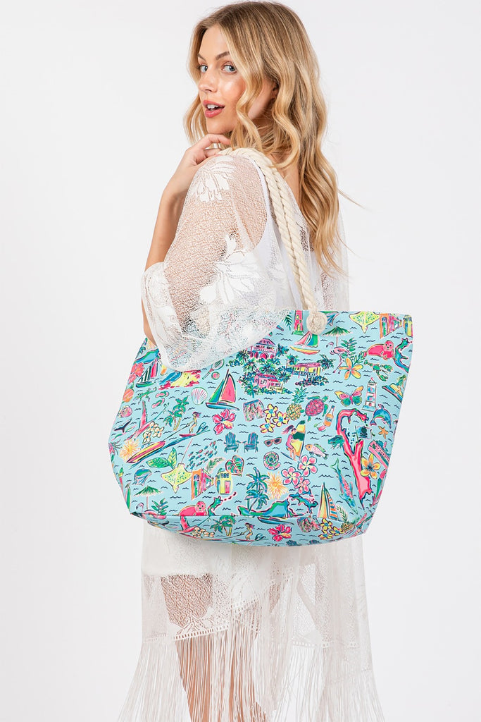 HAND DRAWN PRINT TOTE BEACH BAG