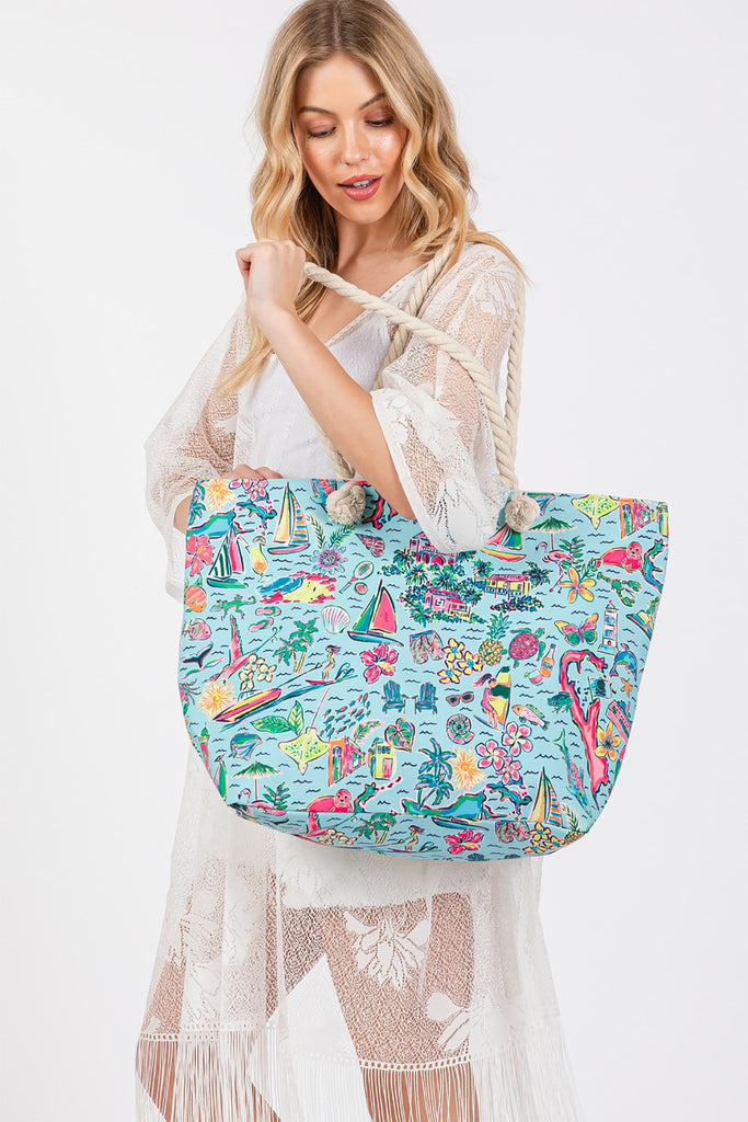 HAND DRAWN PRINT TOTE BEACH BAG
