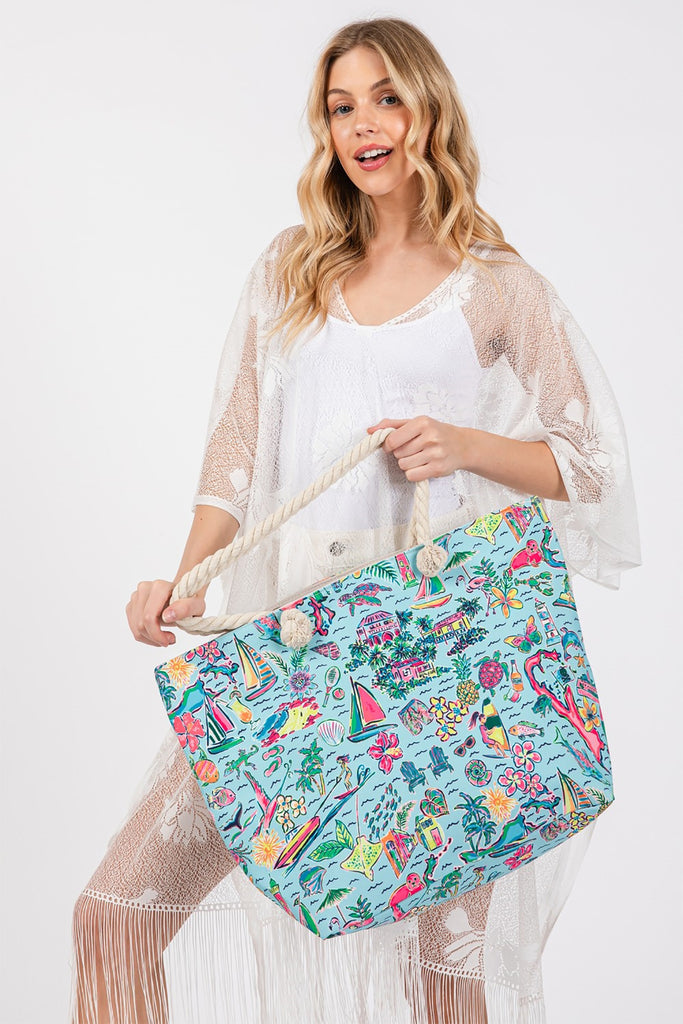 HAND DRAWN PRINT TOTE BEACH BAG