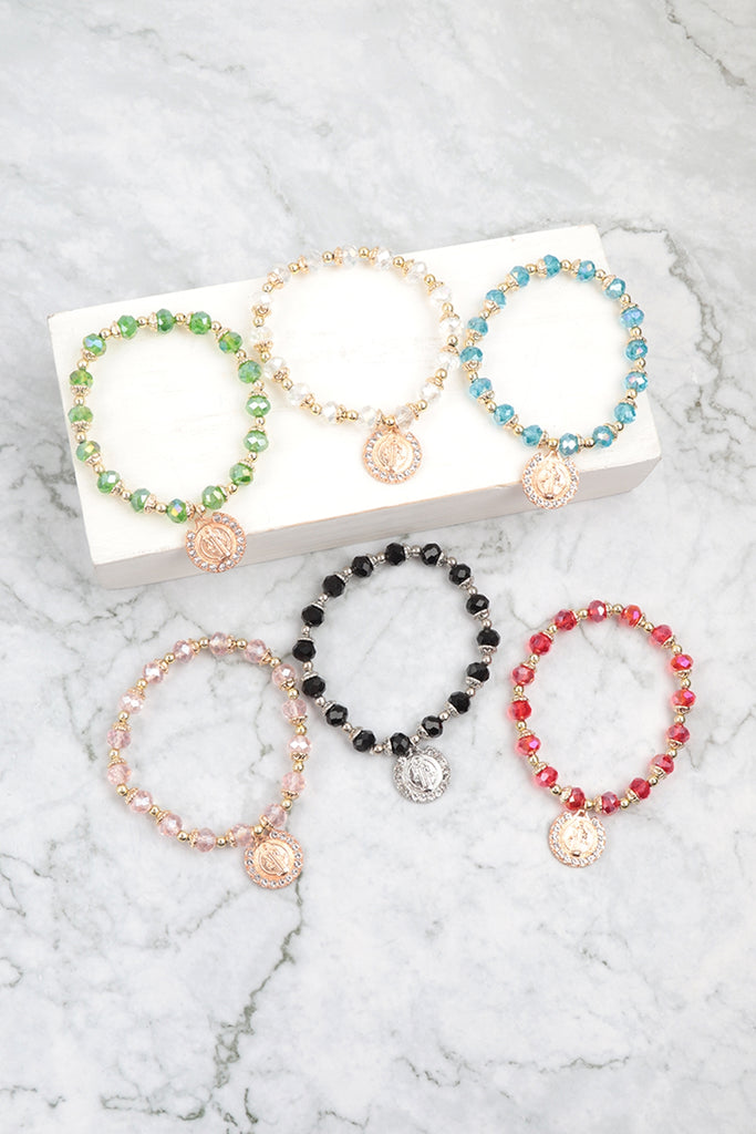COIN PENDANT RHINESTONE GLASS BEADS STRETCH BRACELET SET