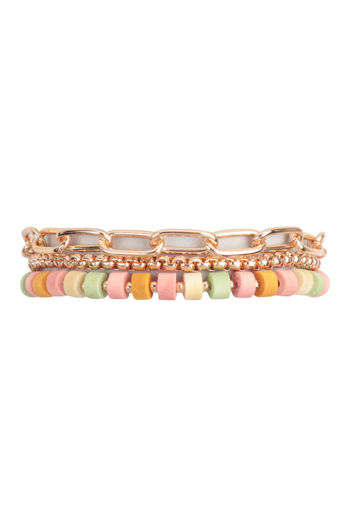 WOOD BEAD CHAIN LAYERED BRACELET
