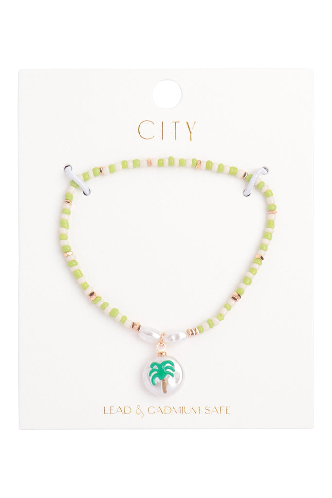 SEED BEADS W/ PEARL PALM TREE CHARM BRACELET