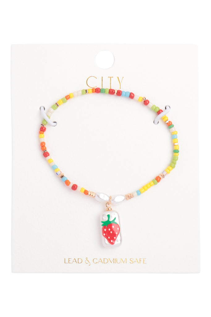 SEED BEADS W/ PEARL STRAWBERRY CHARM BRACELET
