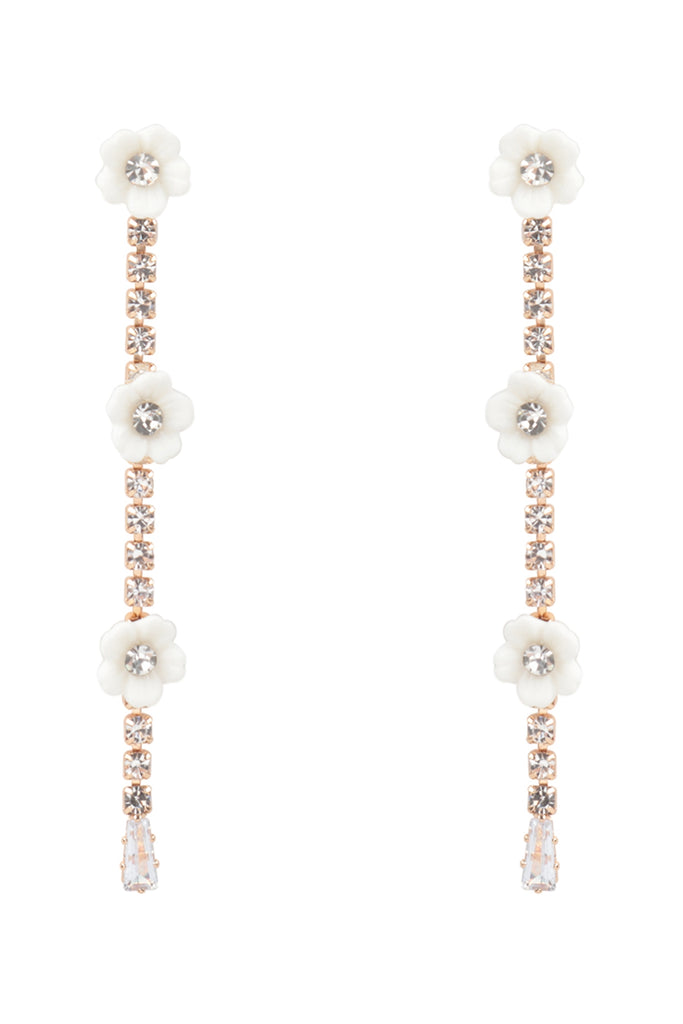 WHITE FLOWER & STONE CHAIN DROP EARRINGS
