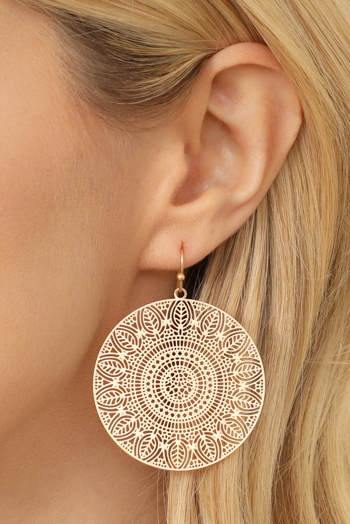 ROUND MANDALA FILIGREE LEAF HOOK EARRINGS