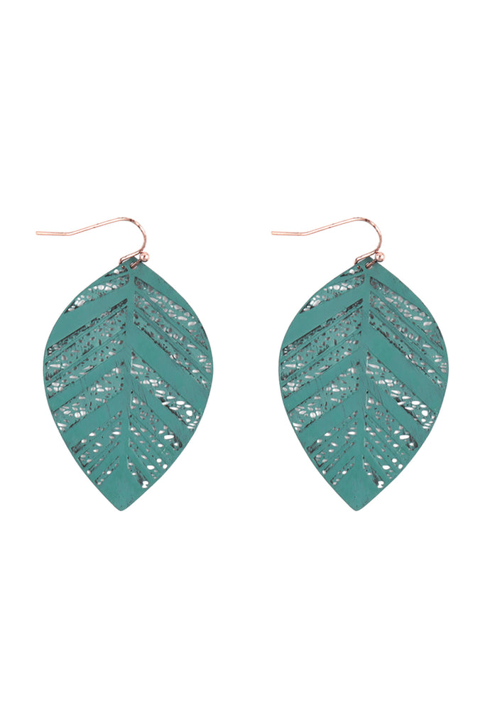LEAF SHAPED FILIGREE DANGLE BRASS EARRING