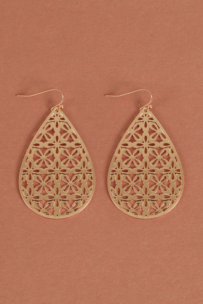 FLOWER PATTERN FILIGREE TEARDROP SHAPE HOOK EARRINGS