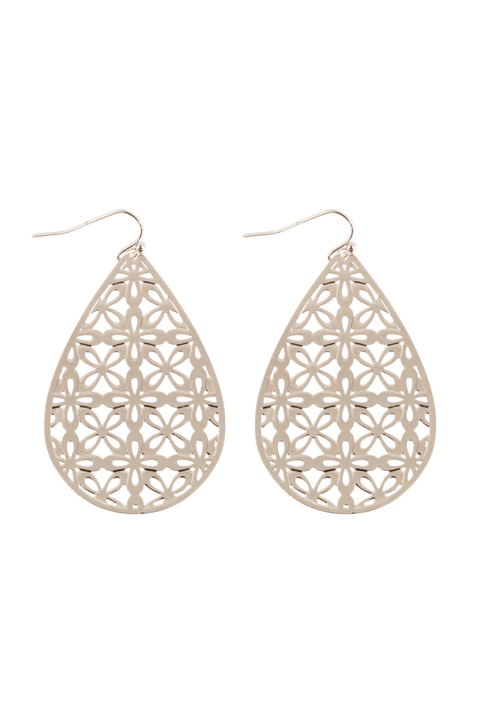 FLOWER PATTERN FILIGREE TEARDROP SHAPE HOOK EARRINGS
