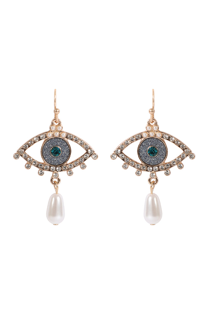 EVIL EYE PAVE SAND STICKER PEARL HOOK EARRINGS