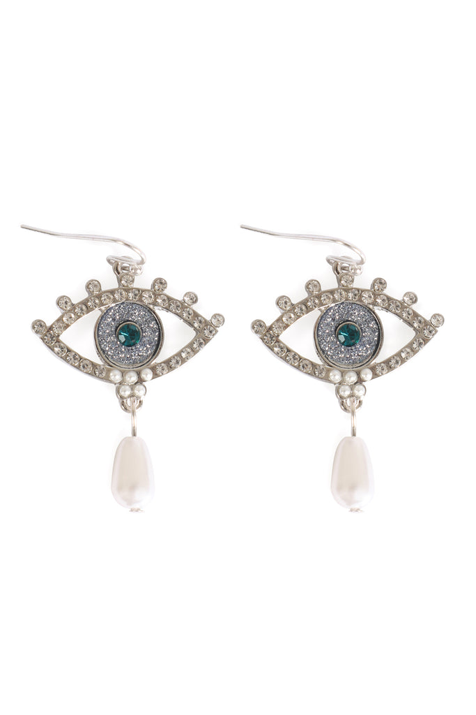 EVIL EYE PAVE SAND STICKER PEARL HOOK EARRINGS