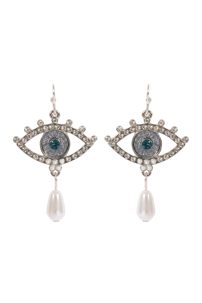 EVIL EYE PAVE SAND STICKER PEARL HOOK EARRINGS