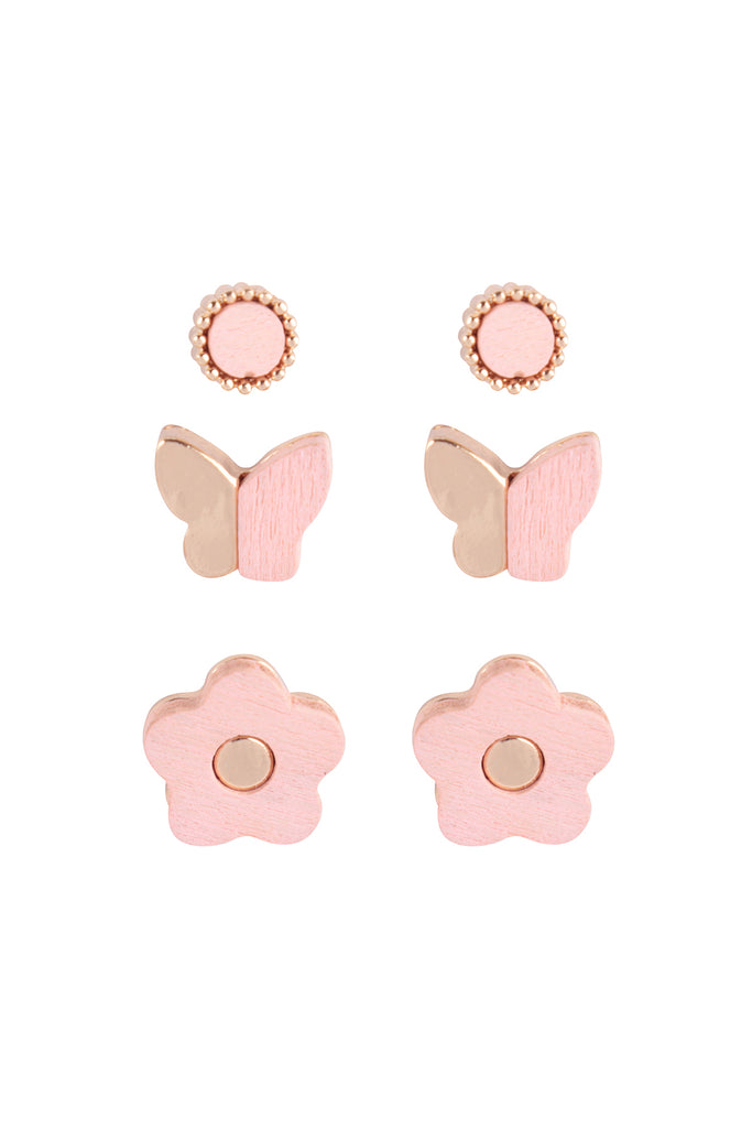 WOOD SPRING 3SET BUTTERFLY FLOWER STUD EARRINGS