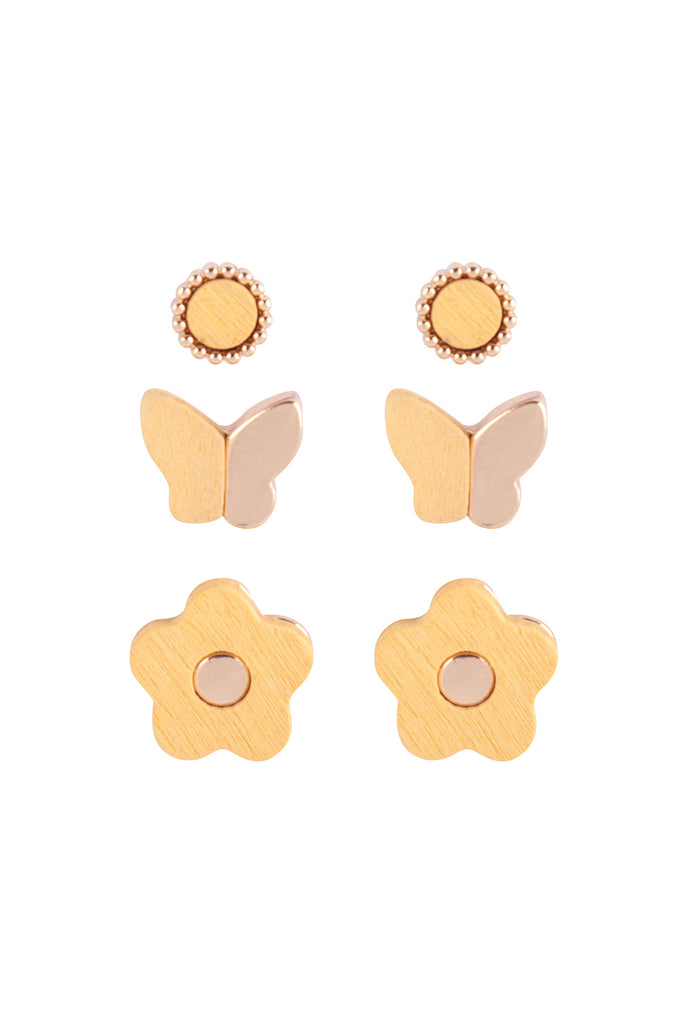 WOOD SPRING 3SET BUTTERFLY FLOWER STUD EARRINGS