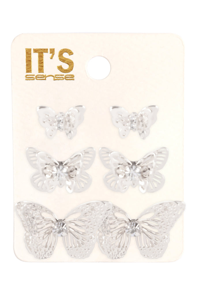 BUTTERFLY BRASS FILIGREE RHINESTONE 3SET EARRINGS